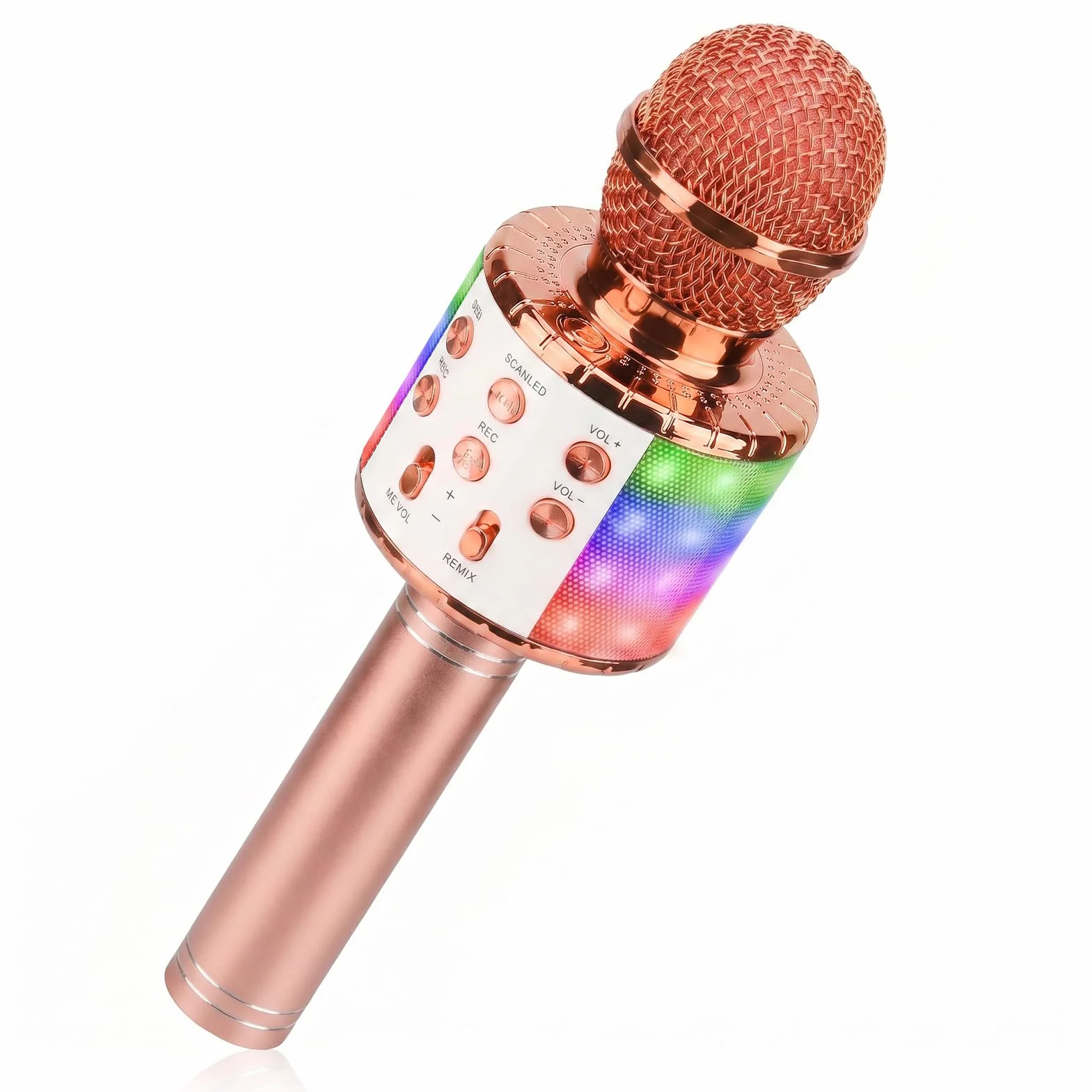 Microphone Karaoke sans Fil Bluetooth Portable avec LED Lumière Disco pour Enfants Adultes Chanter Compatible Android iOS PC Smartphone Or Rose