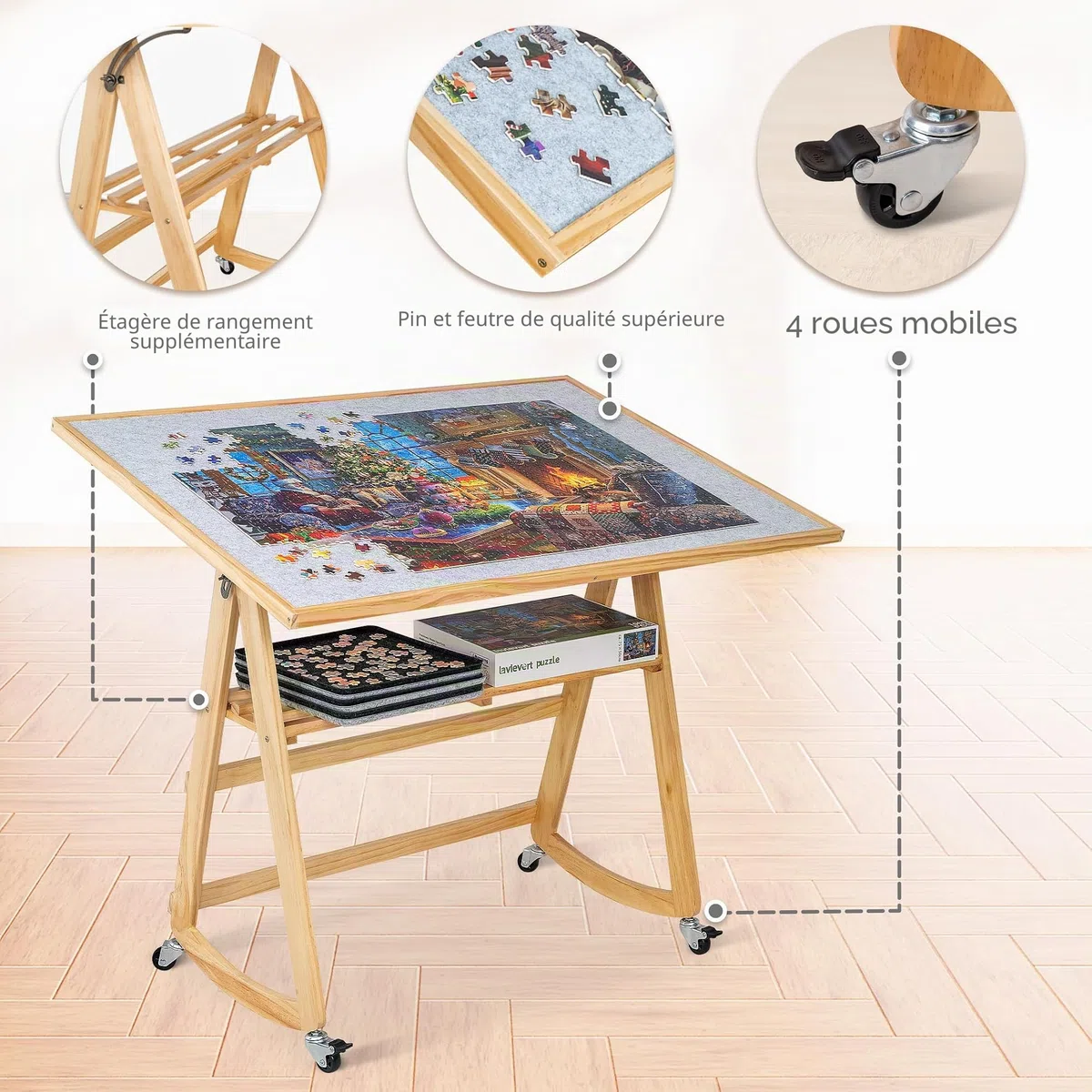 LAVIEVERT Table de puzzle de 1500 pièces avec pieds et housse, chevalet réglable en bois avec étagère de rangement, table de puzzle inclinable portable avec 4 roues roulantes pour adultes