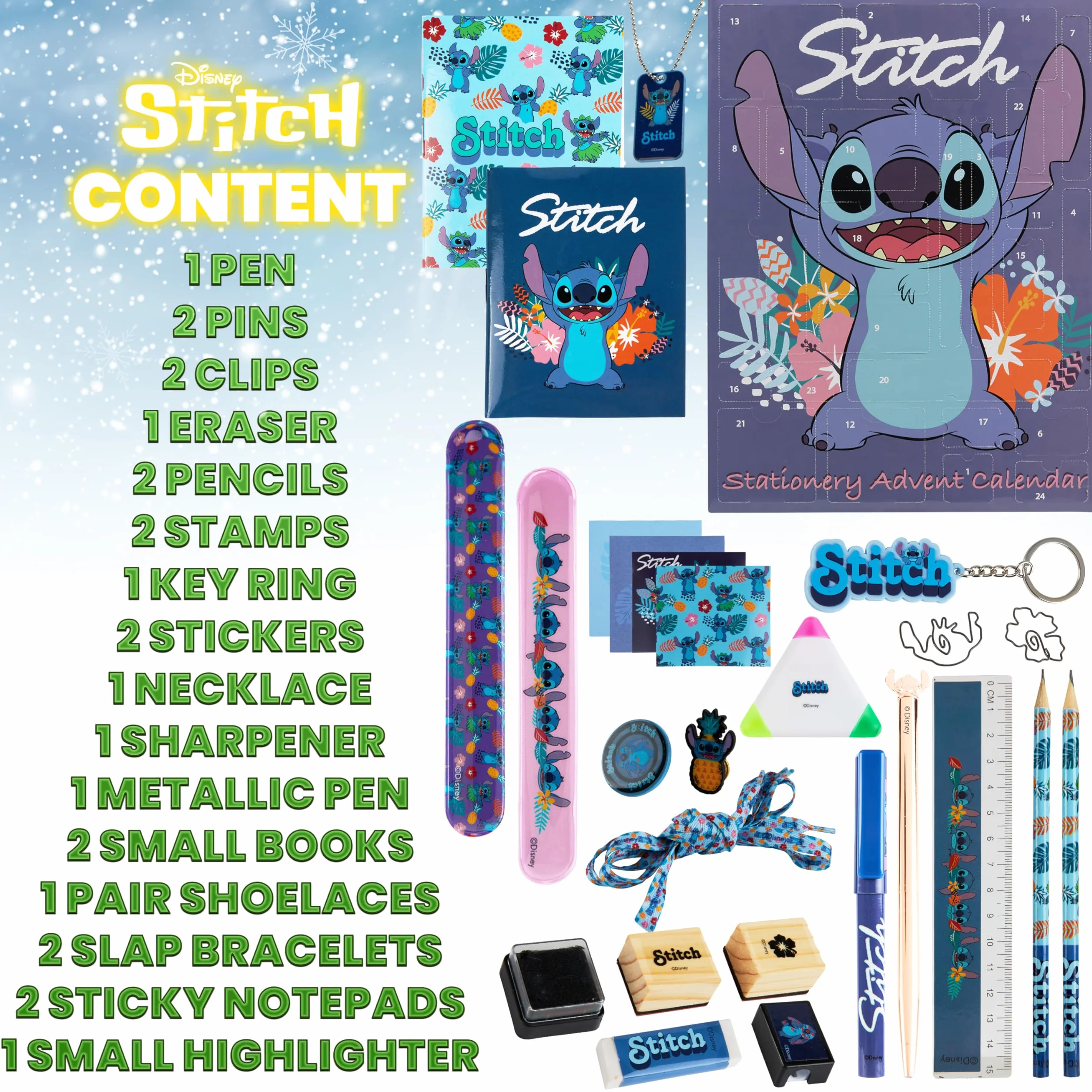 Disney Stitch Calendrier de l'Avent 2025 24 Surprises Papeterie Original Accessoires Kawaii Collier Porte-clés Stylo Bleu
