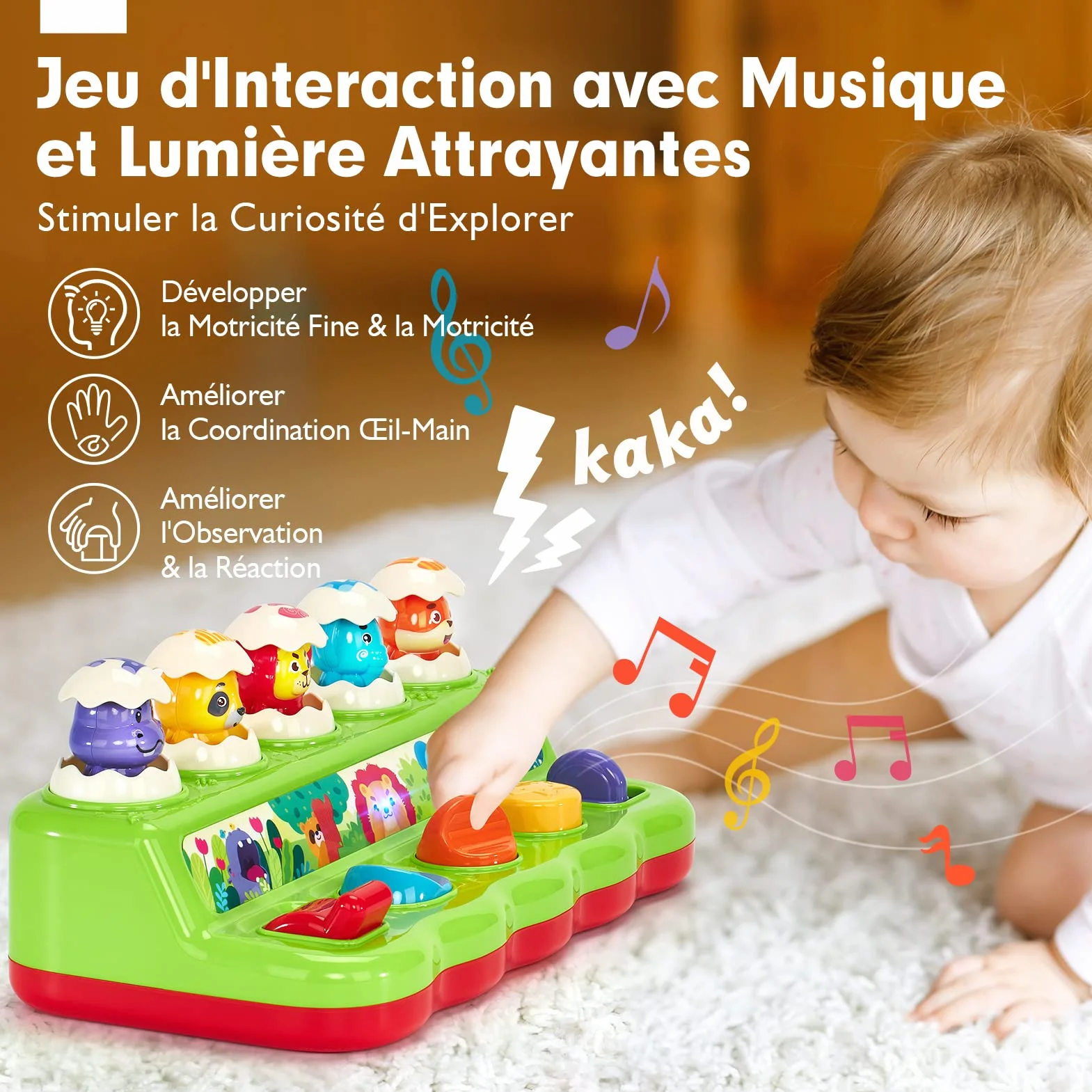 hahaland Jouet Montessori Bébé 1 an avec Musique et Lumières, Jouet Pop-up Animaux Couleurs Enfant 1-4 Ans