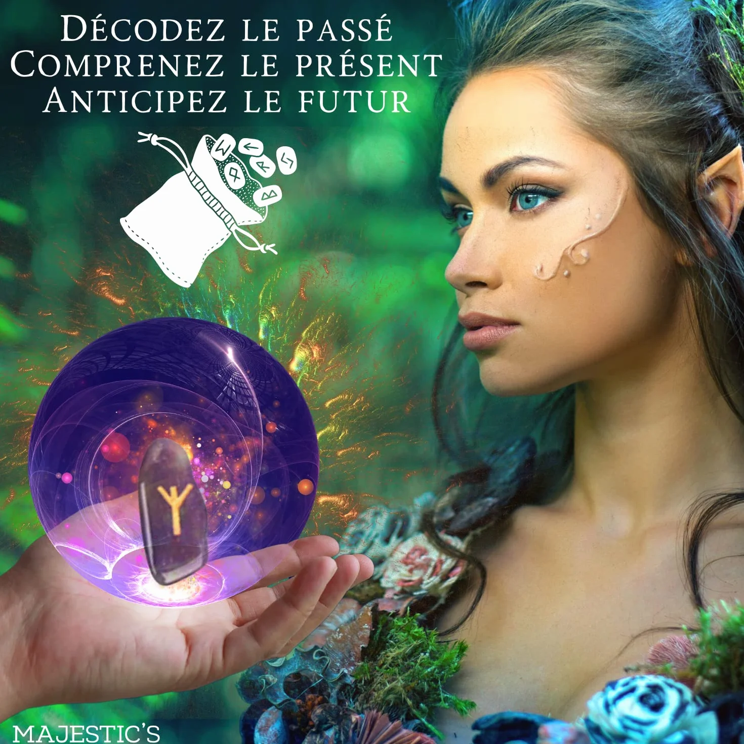 Runes Divinatoires Vikings - Pack de 25 Pierres Naturelles Aventurine Verte Gravées 2cm x 1cm avec Sac Noir et Ebook PDF - Alphabet Runique Futhark pour Divination
