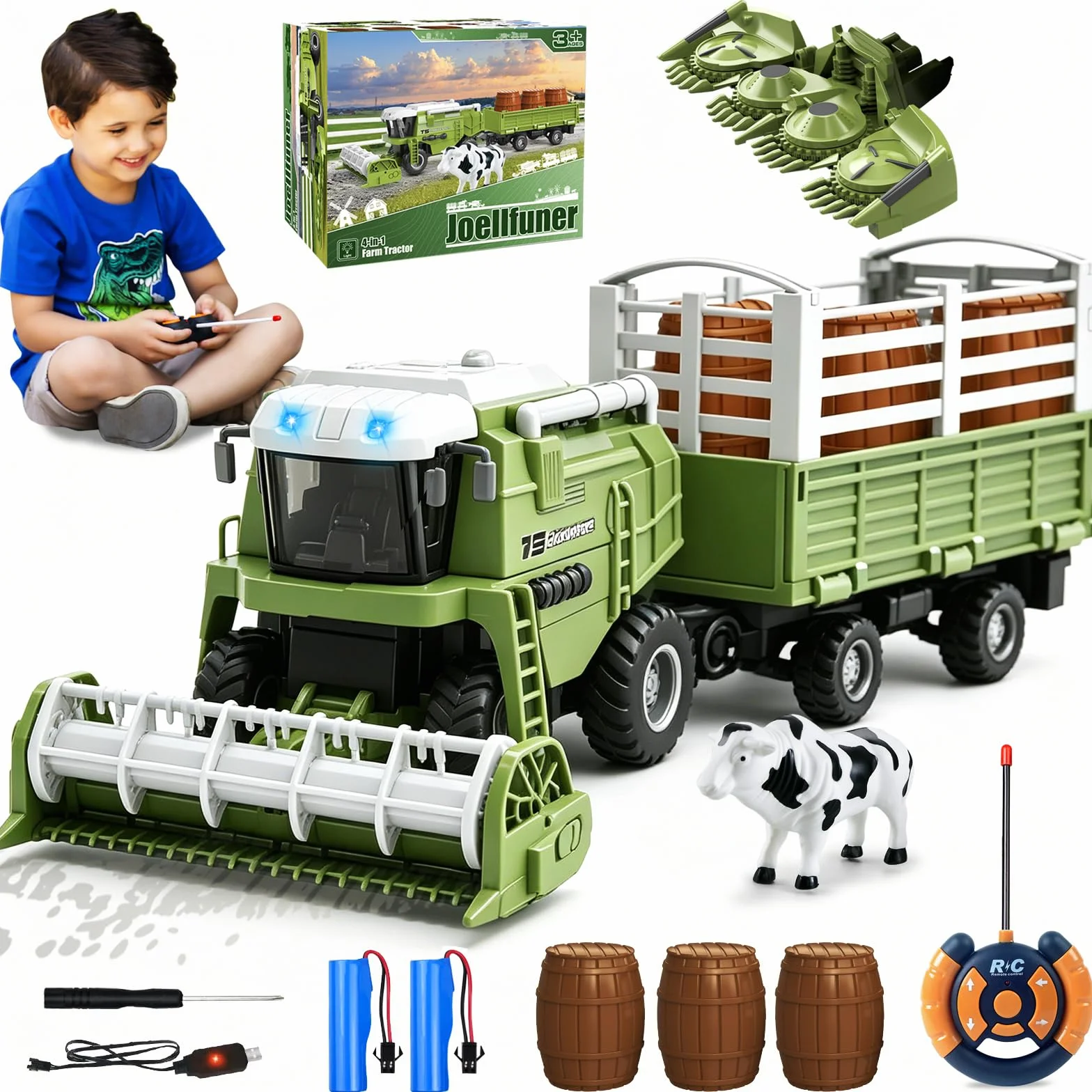 Joellfuner Moissonneuse Batteuse Télécommandée 2,4-GHz Tracteur de Ferme Electrique avec Remorque
