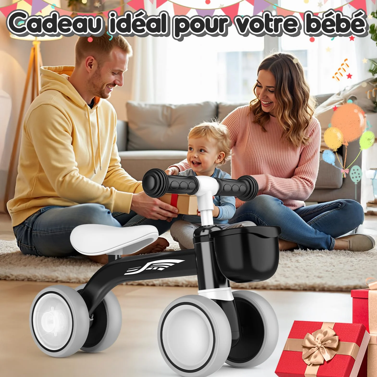 HappyGoLucky Draisienne Évolutive 1-2 Ans, Vélo avec Panier, Trotteur Bébé, Roues Colorées, Ultra-léger, Jouet 12-24 Mois