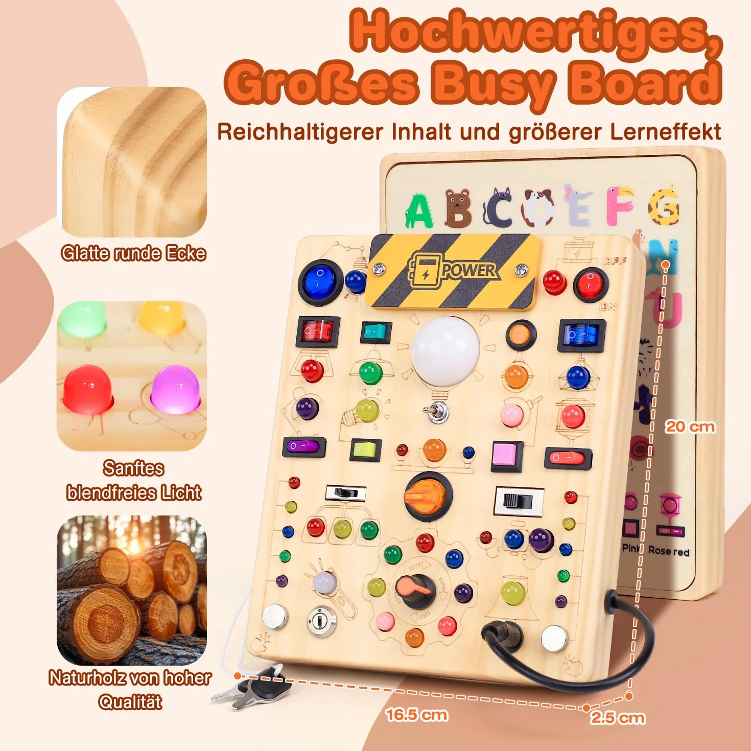 EchoToys Montessori Busy Board Jouet éducatif en bois 1-3 ans 19 interrupteurs 40 LED