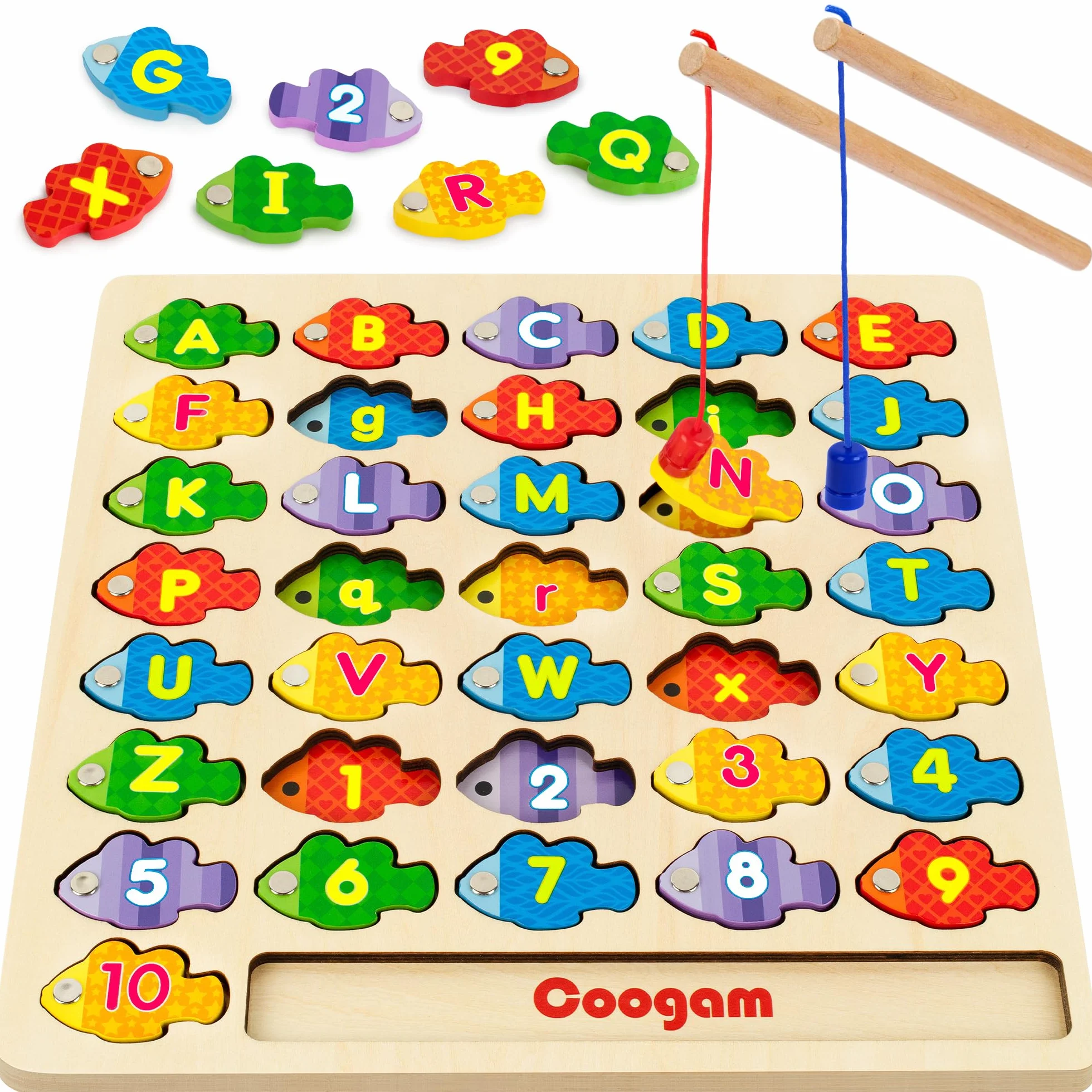 Coogam Magnetic Lettres Numériques Jeu de Pêche Livres en Bois ABC Montessori Jouets Éducatifs 3 4 5 Ans Enfants