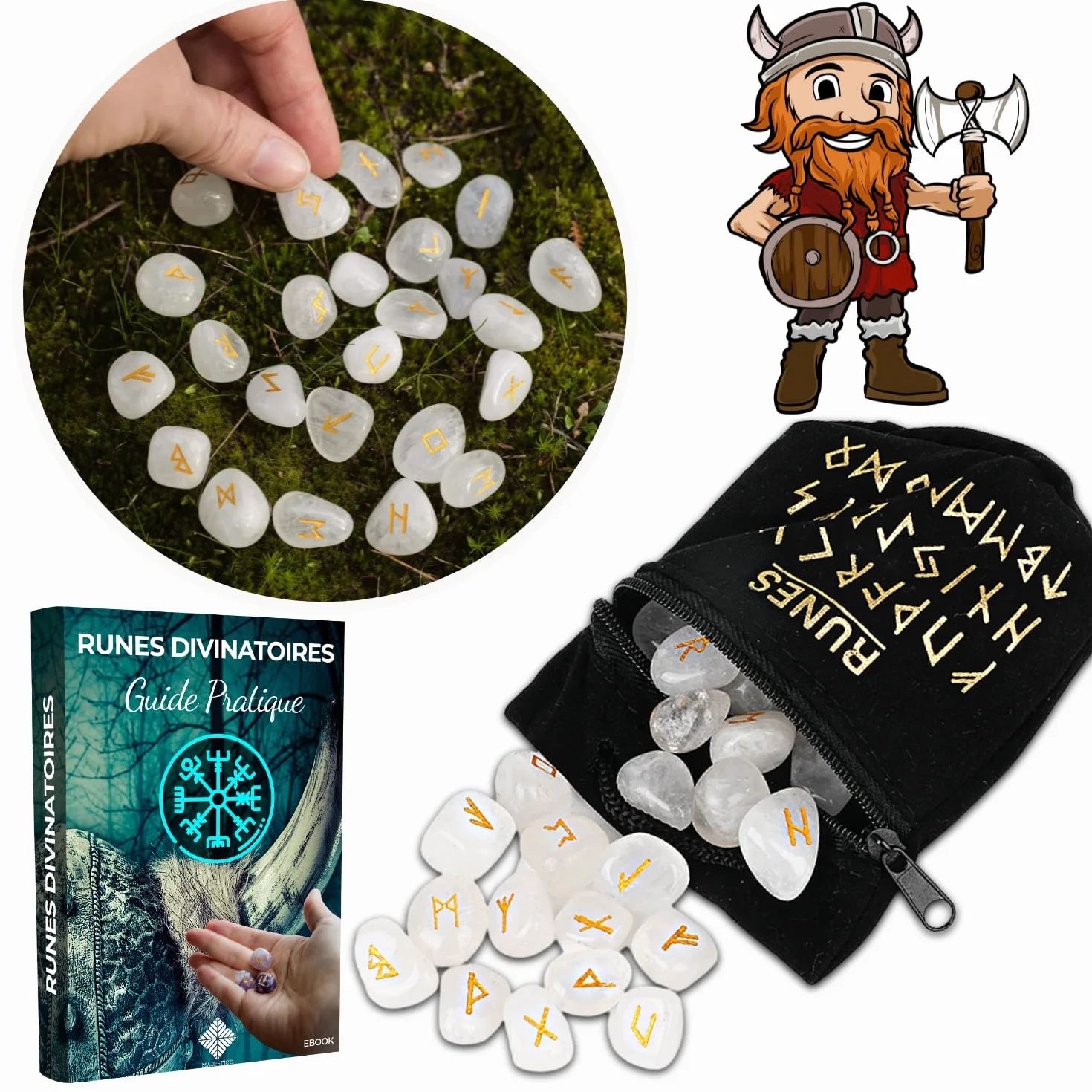 Runes Divinatoires Vikings en Pierres Naturelles de Cristal de Roche Quartz Blanc Gravées 2cm x 1cm avec Sac Noir et Ebook PDF