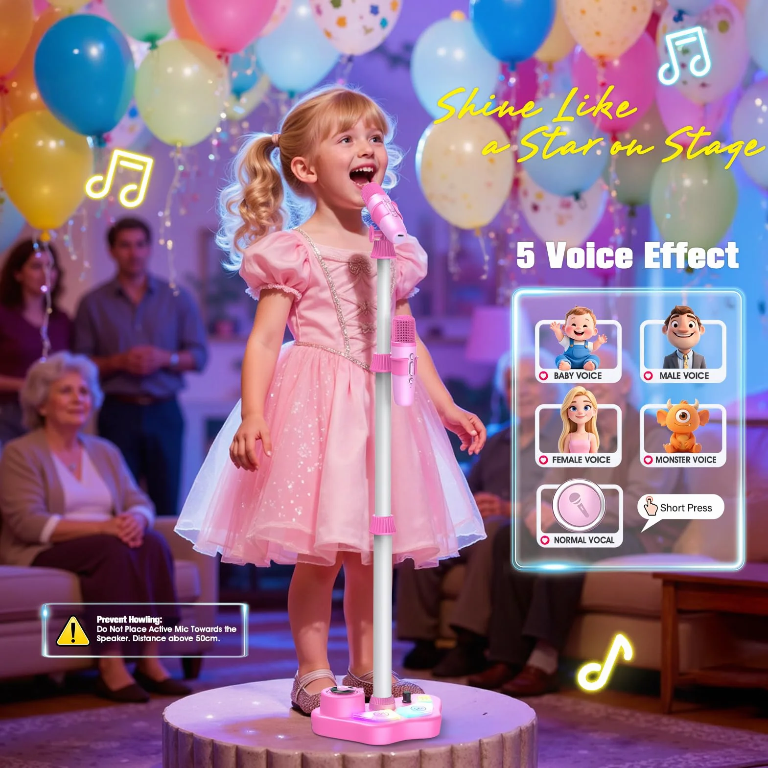 Microphone Enfant avec Support et Lumière, Micro Karaoke Bluetooth/TF/USB, Cadeau Anniversaire Fille 3-12 Ans (Rose)