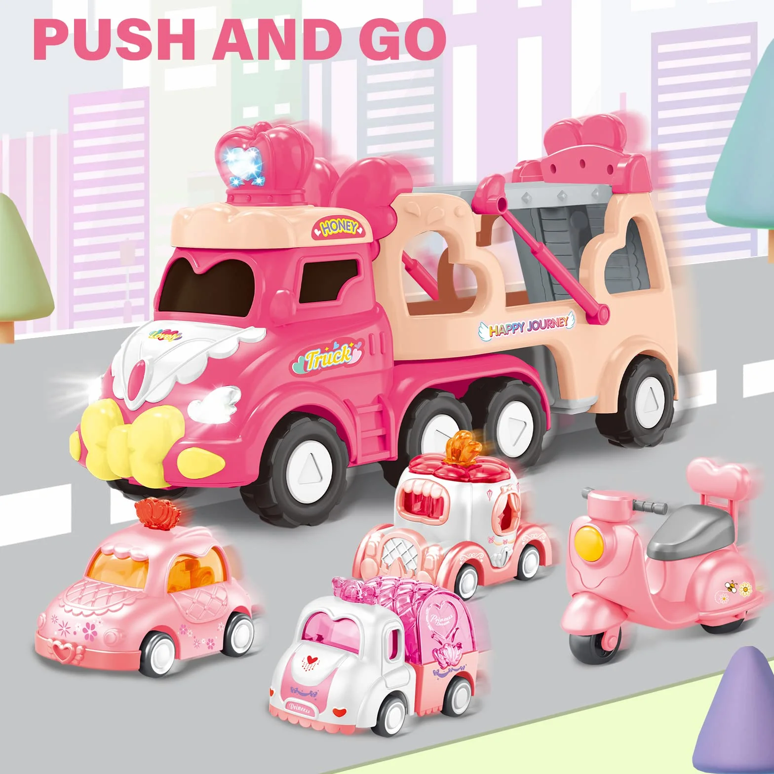 Camion Jouet 9 en 1 avec Sons et Lumières, Transporteur de Voitures Cadeau Anniversaire pour Garçons Filles 2-4 Ans