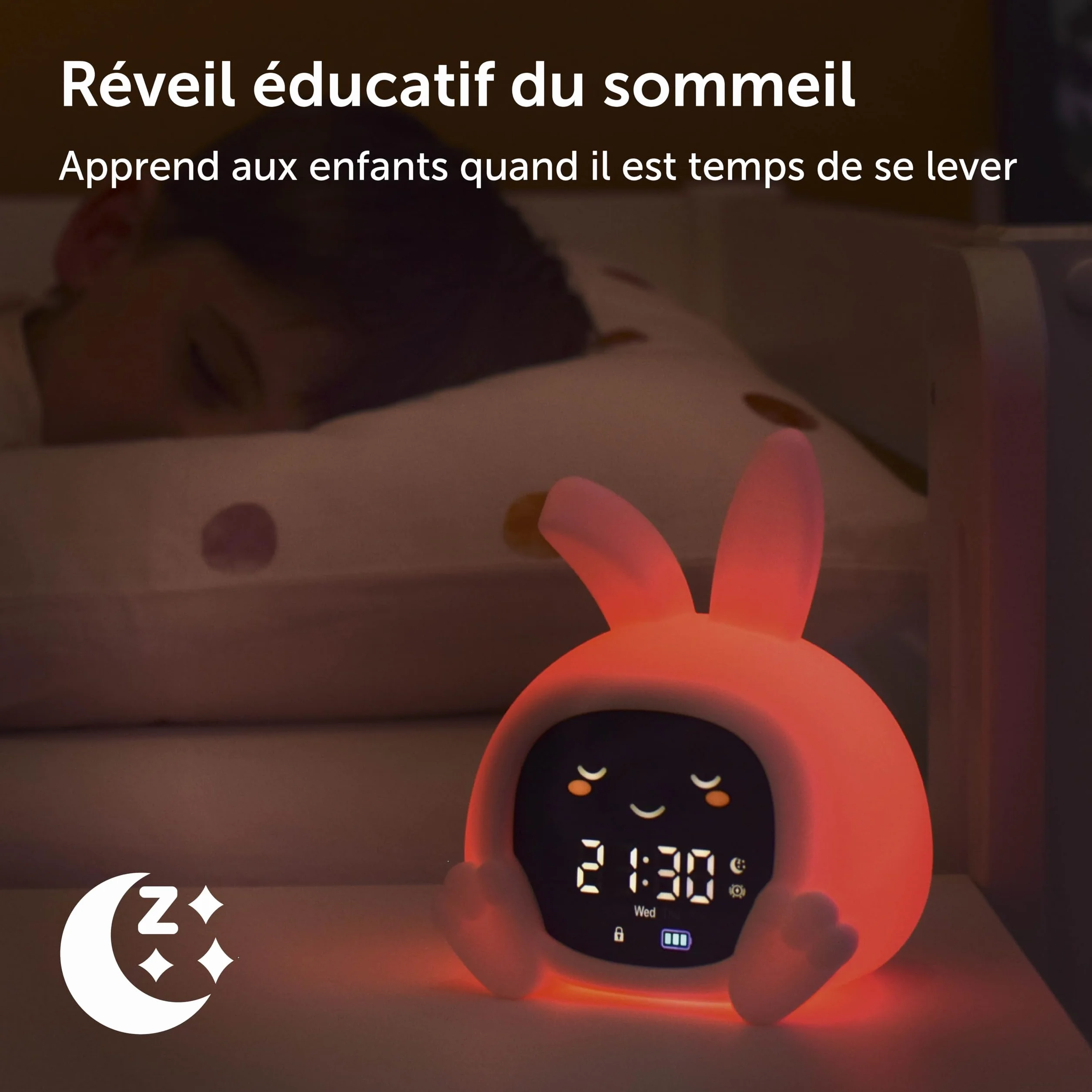 ZAZU Sarah Réveil Éducatif Enfant Rechargeable Veilleuse LED 5 Couleurs Machine à Sons Horloge Jour/Nuit USB