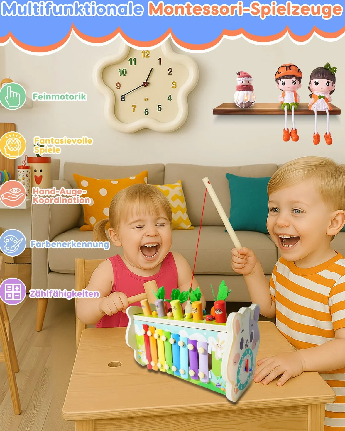 Jouet Montessori 1 an Jeux en Bois Educatif Enfant 12 Mois 1 2 3 Ans Xylophone Marteau Cueillir Les Navets 8 en 1 Activité Cadeau