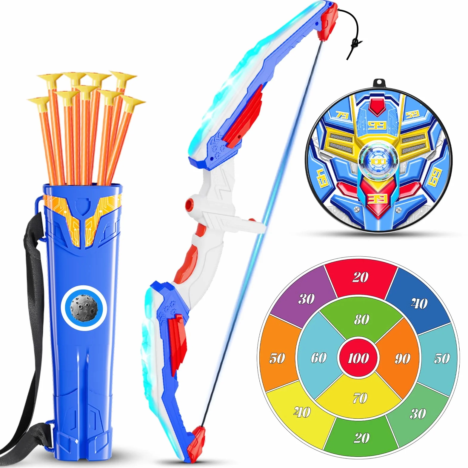 Tir à l'arc Jouet Enfant avec LED Lumières 2 Cible 10 Flèches 1 Cuisiniers 4-12 Ans Intérieur Extérieur