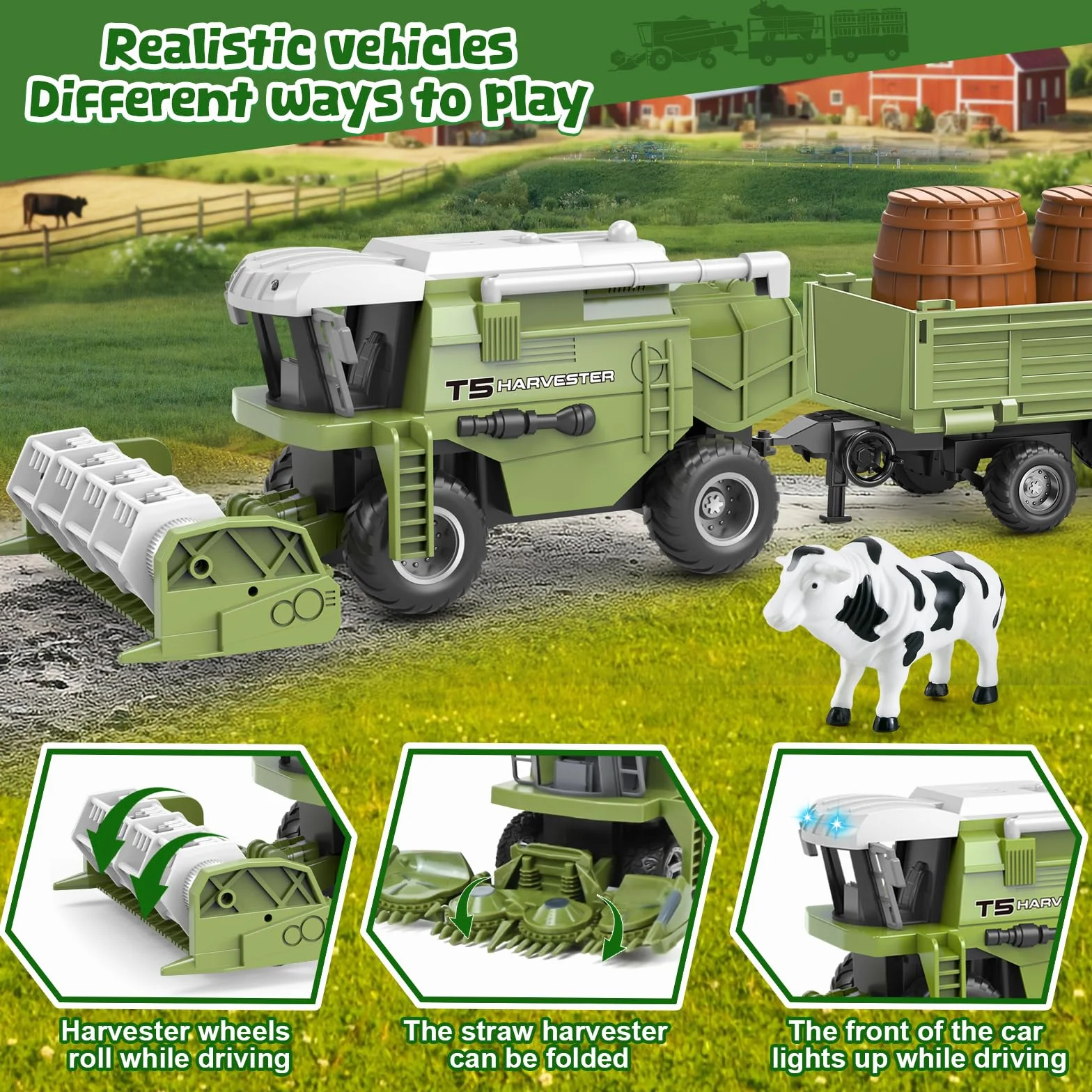 Joellfuner Moissonneuse Batteuse Télécommandée 2,4-GHz Tracteur de Ferme Electrique avec Remorque