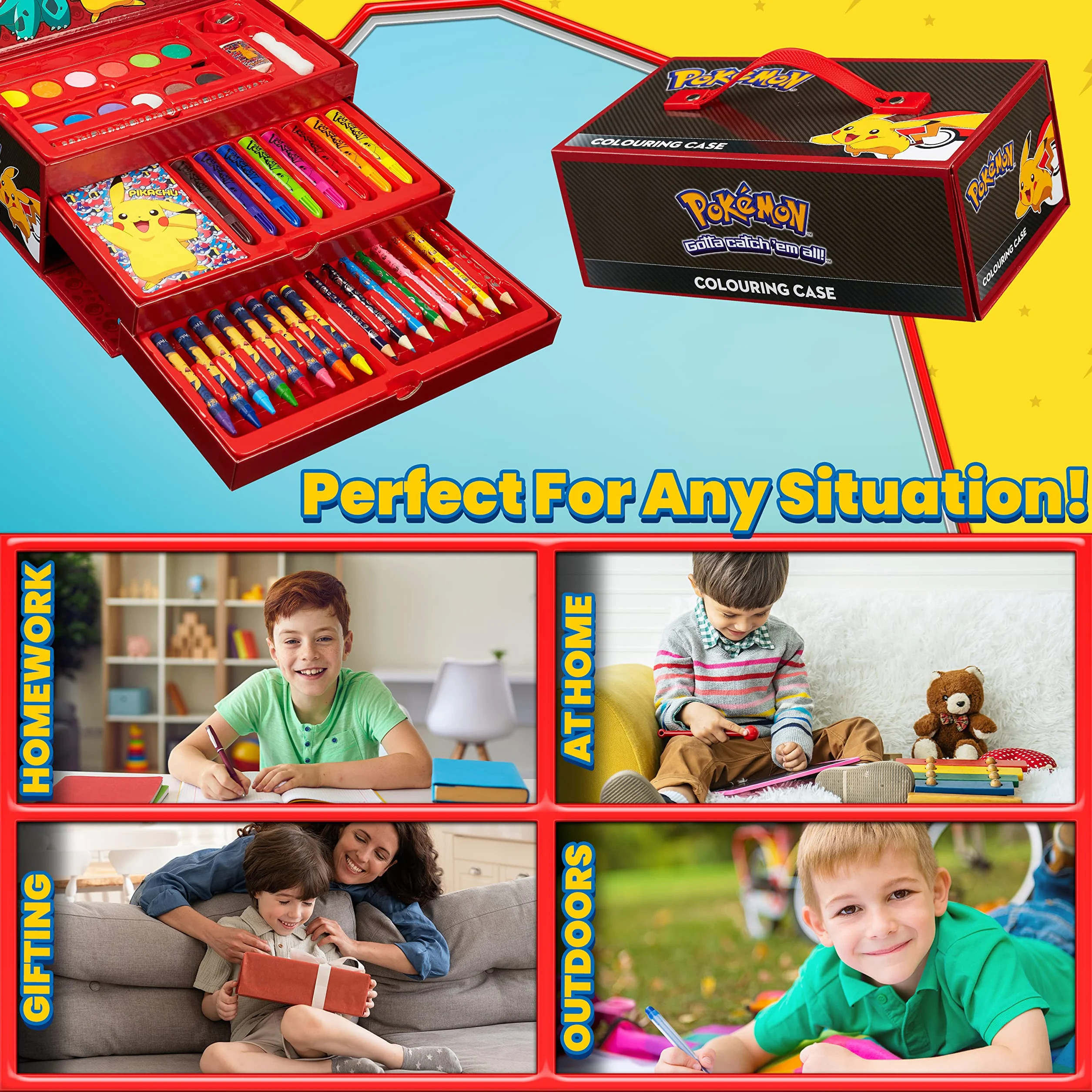 Pokemon Kit Dessin Enfant Crayons Couleur Cire Feutres Aquarelle Pikachu Noir Rouge