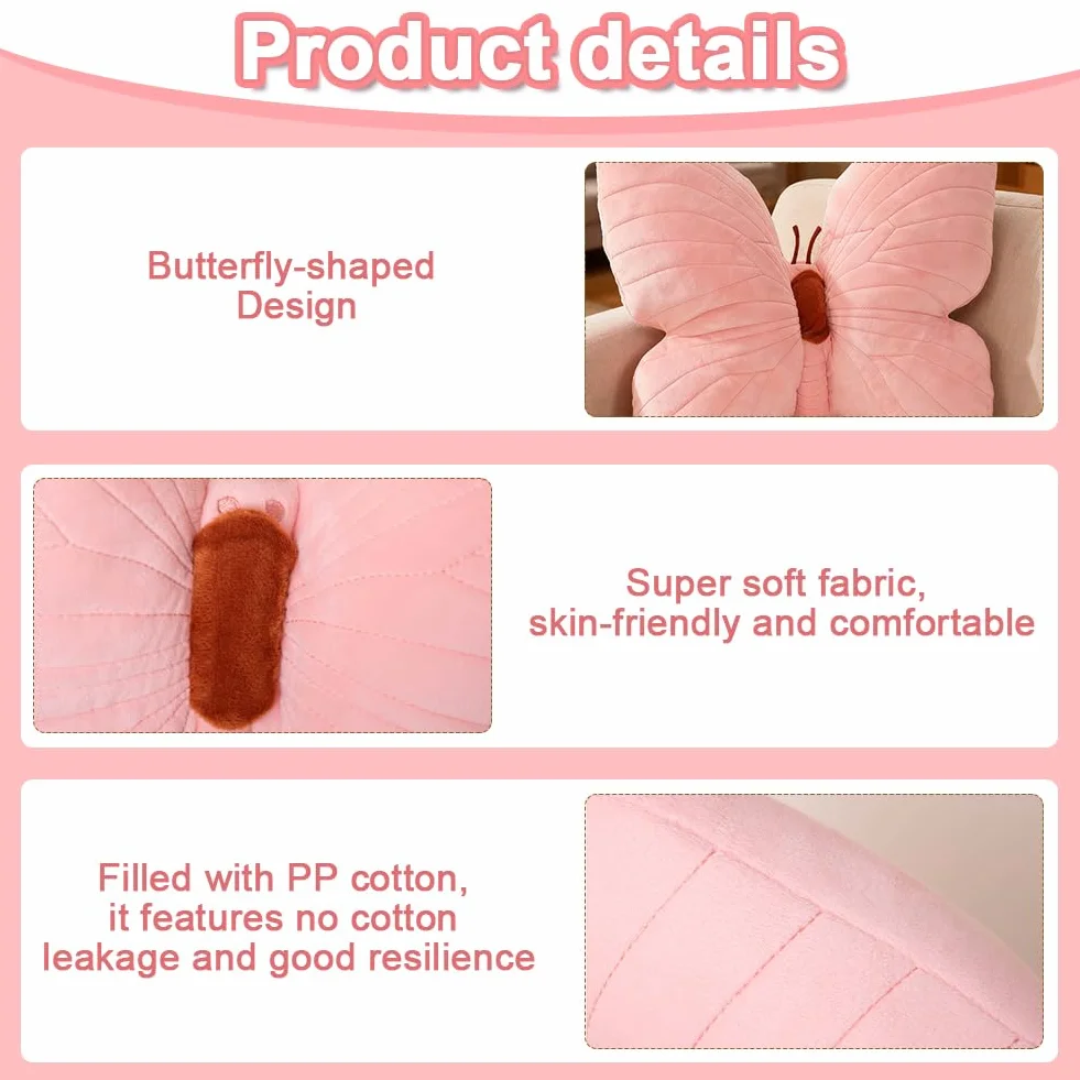 Coussin en peluche papillon 40 cm décoratif rose