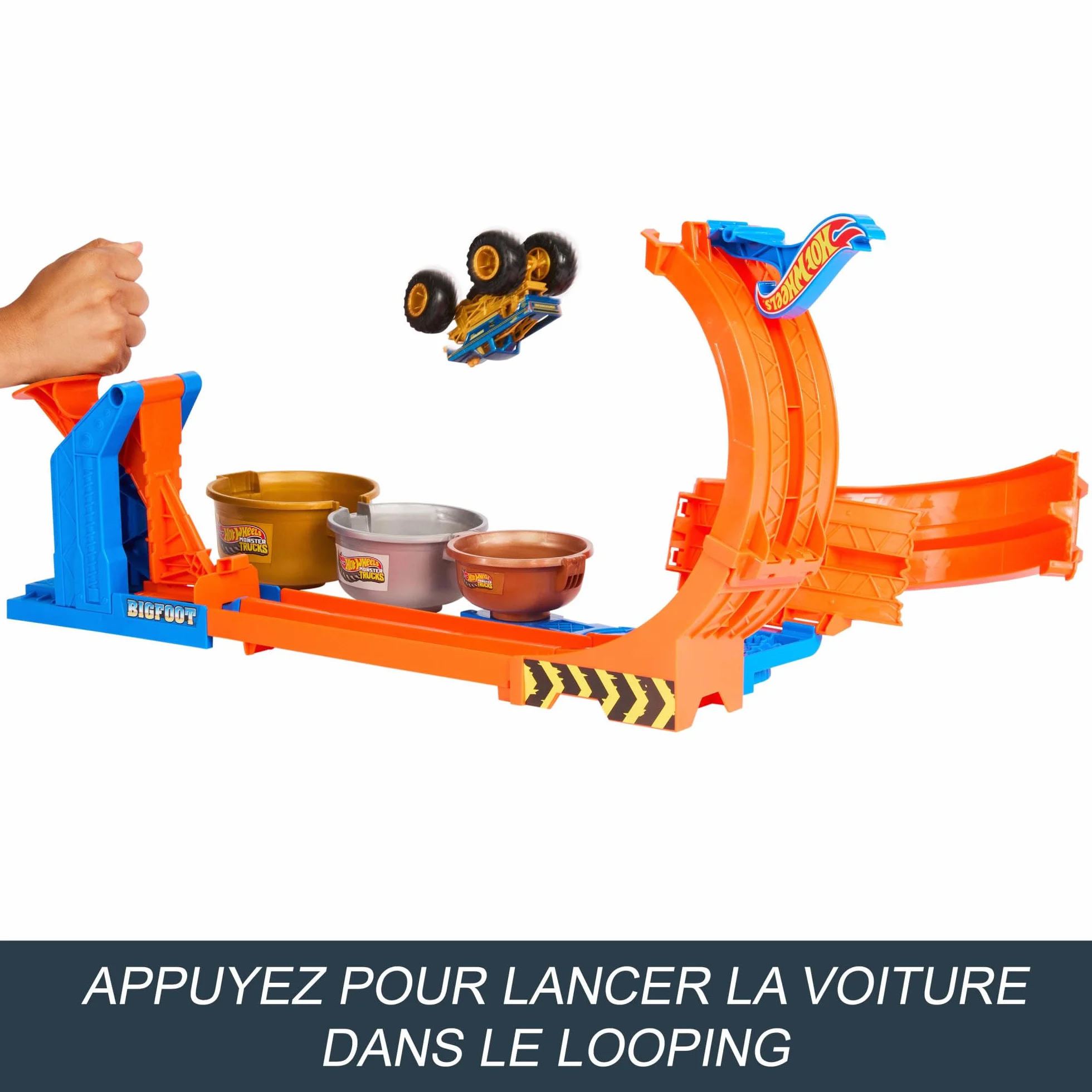 Hot Wheels Monster Trucks Défi du Trophée Tournez-et-Renversez Coffret Bigfoot 50ème anniversaire métal échelle 1/64, 2 façons de jouer, JBX64