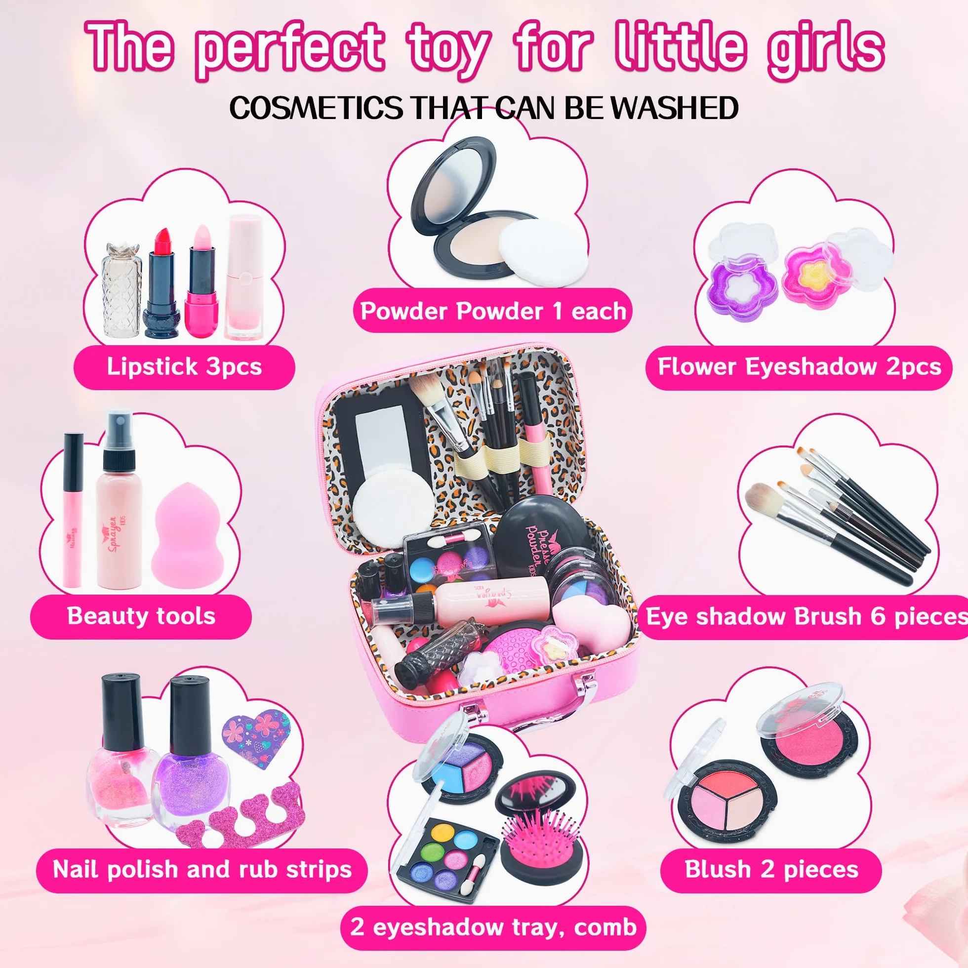 Maquillage Enfant Jouet Filles Lavable Malette Coffret Maquillage Palette Makeup Set Cadeau Noël Anniversaire Princesse 3-12 Ans