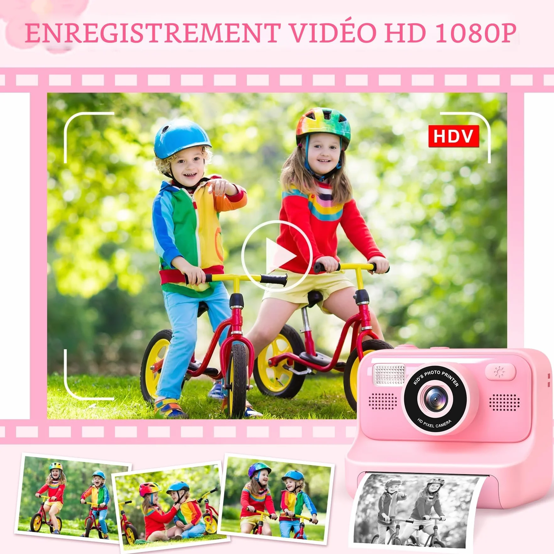 Appareil Photo Instantané Enfant 2.4 Écran Numérique avec Mode Selfie 32GB Papier d'impression Cadeau Jouet Garçons Filles 3-12 Ans Rose