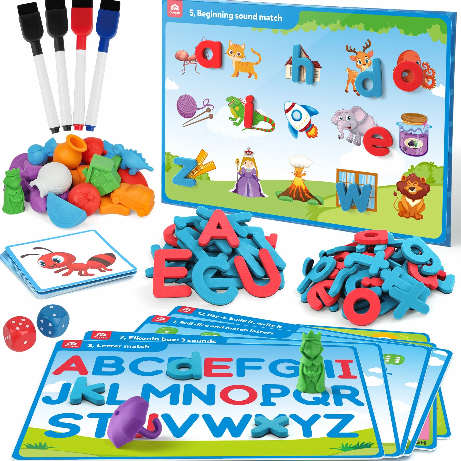 Coogam Preschool Alphabet Learning Playset Jeu de lettres magnétiques reconnaissance de l'abc éducatif avec 6 cartes d'activité jouet autisme manipulateur phonique 3 ans
