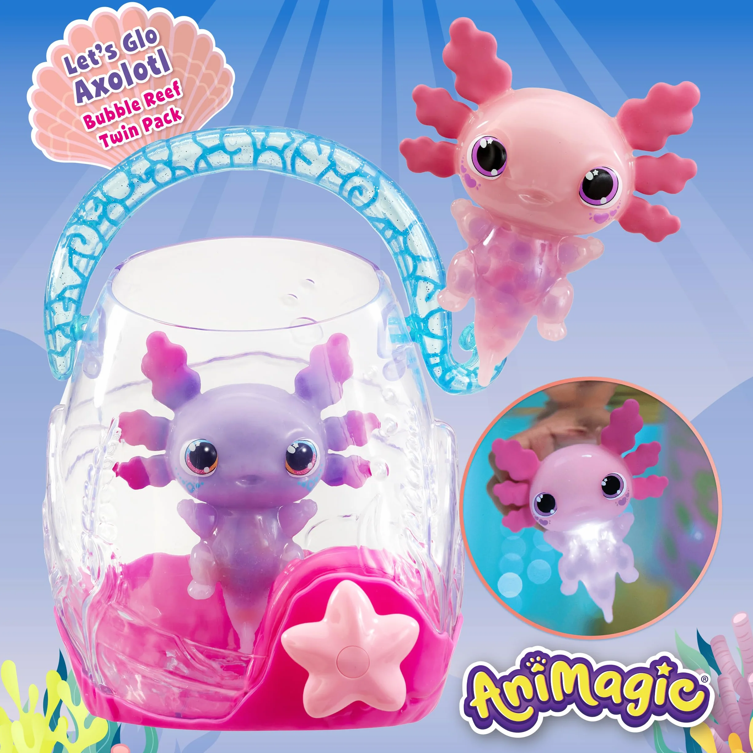 ANIMAGIC Let's Glo Axolotl Pack Bubble Reef Aquarium Interactif + 2 Axolotls Rose & Violet - Compagnons Électroniques & Lumineux - Flotte & Brille - Jeu Sensoriel Tactile pour Enfants dès 4 Ans