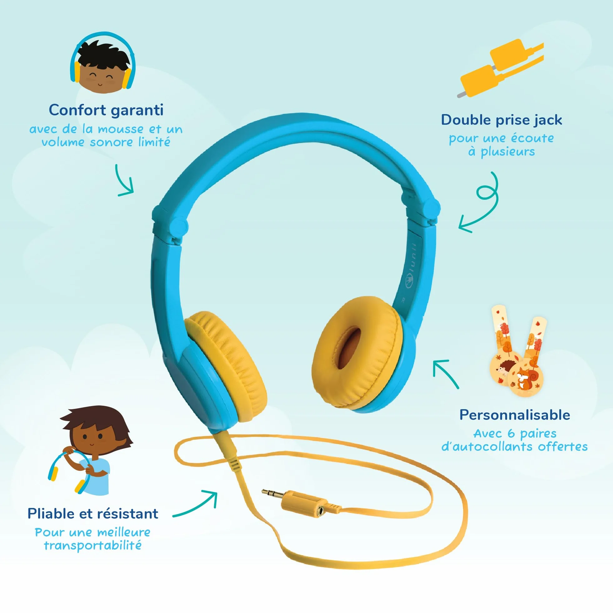 Lunii Casque Audio Enfant Filaire Pliable Réglable Compatible Ma Fabrique à Histoires FLAM 3-12 Ans Bleu
