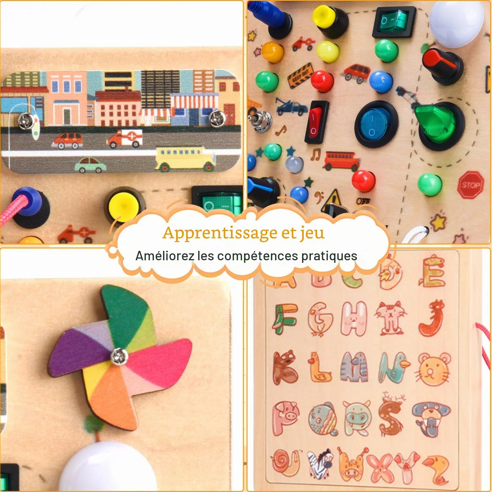 Planche Montessori Busy Board en Bois pour Bébé 3+ Ans, Activity Board avec 19 Lumières, Jouet Éducatif Sensoriel Motricité, Voyage Portable Cadeau Garçons Filles