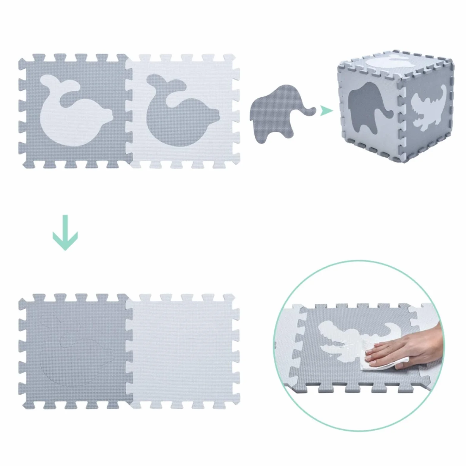 Tapis de Jeu en Mousse avec Bordure, Carreaux de Sol Emboîtables pour Enfants, 16 Pièces Blanc Gris Foncé