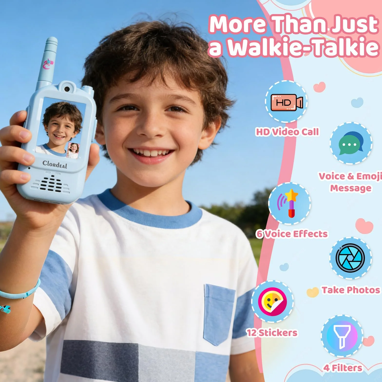 Talkie Walkie Enfant Longue Portée Rechargeable Écran LCD 2" Appel Vidéo 6 Effets Vocaux Appareil Photo Pack de 2 Bleu