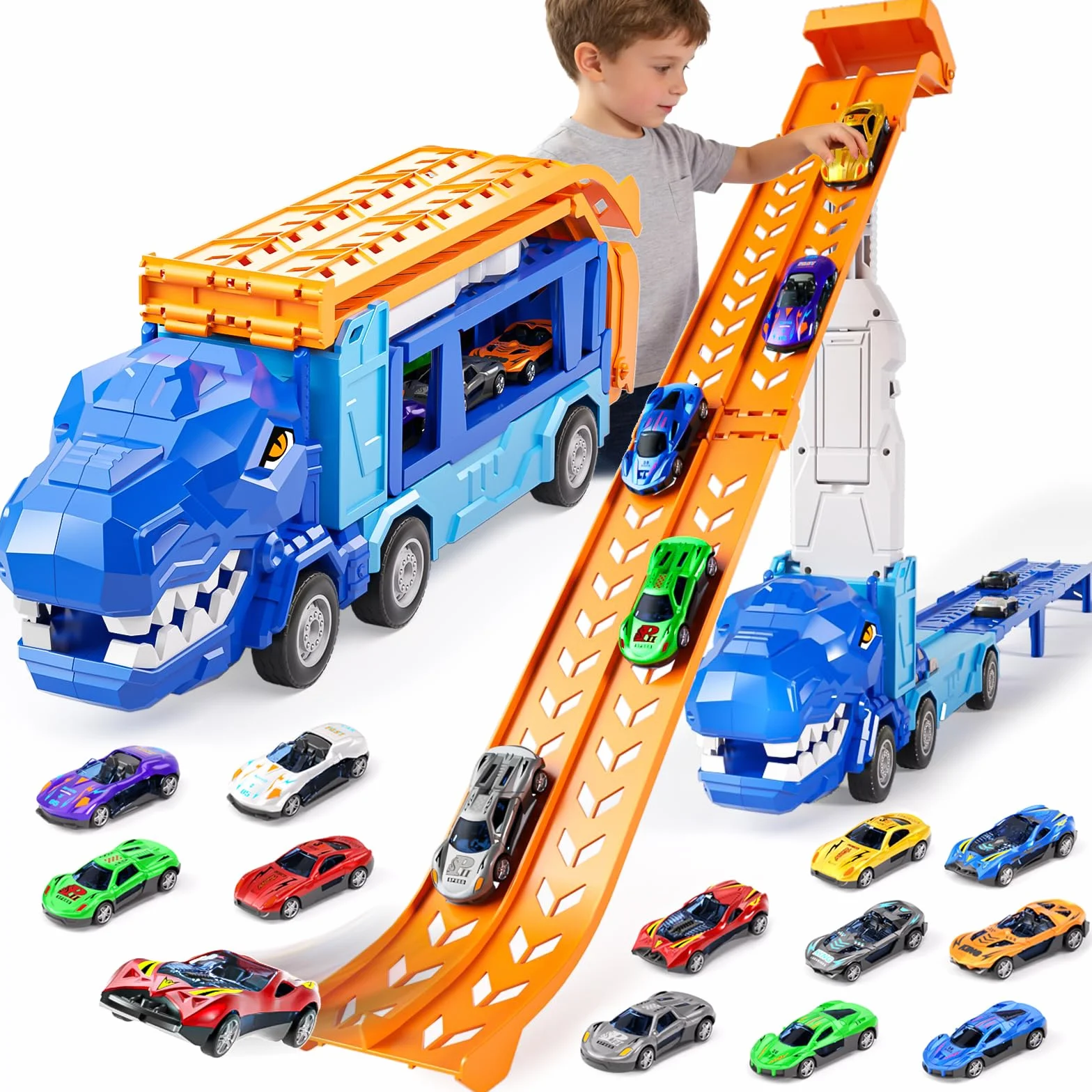 Jouet de camion dinosaure avec grue et 12 mini voitures course pour enfants 3-5 ans