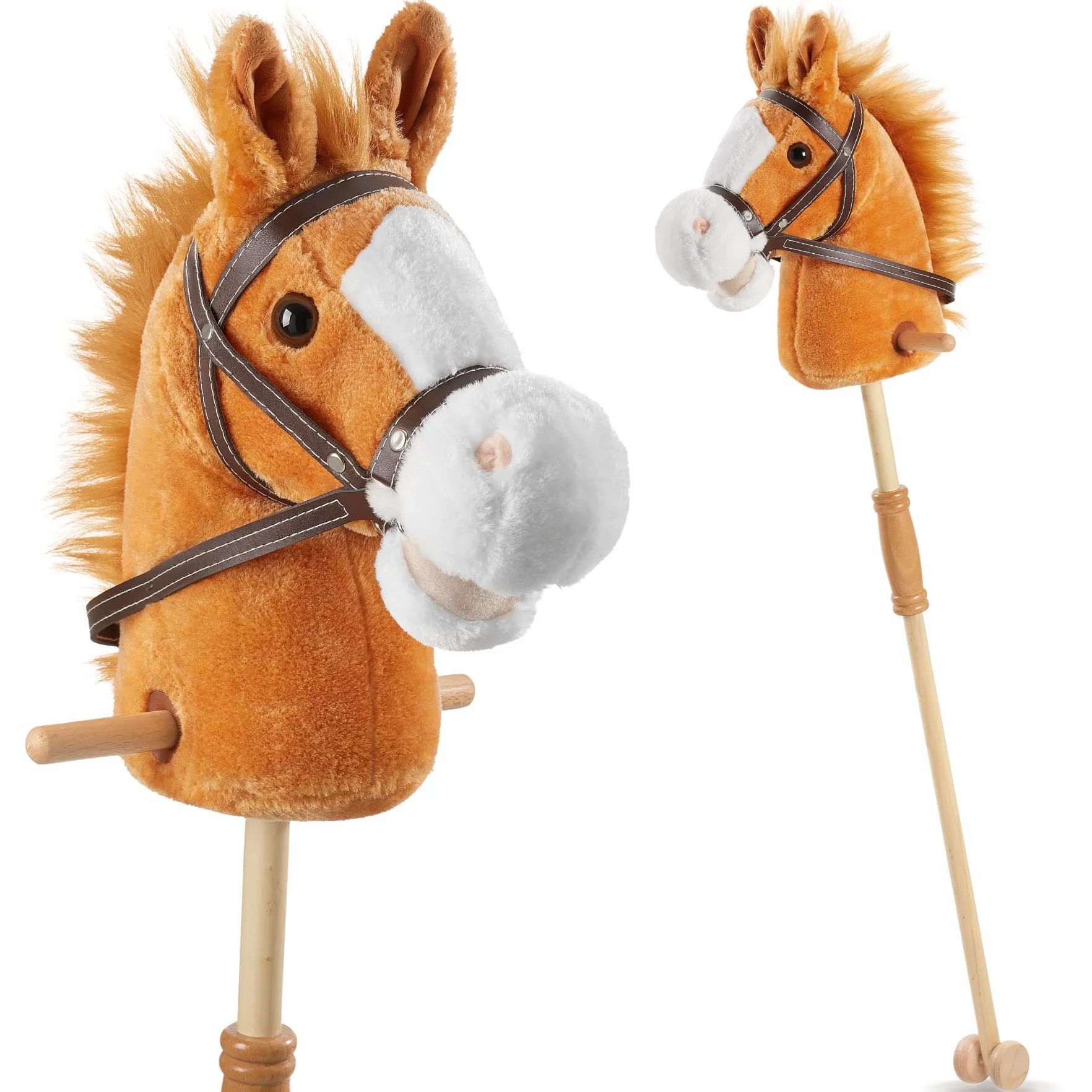 Tectake Hobby Horse 103 cm, Cheval Bâton à partir de 24 Mois, Poignées Latérales et Roulettes, Peluche Douce