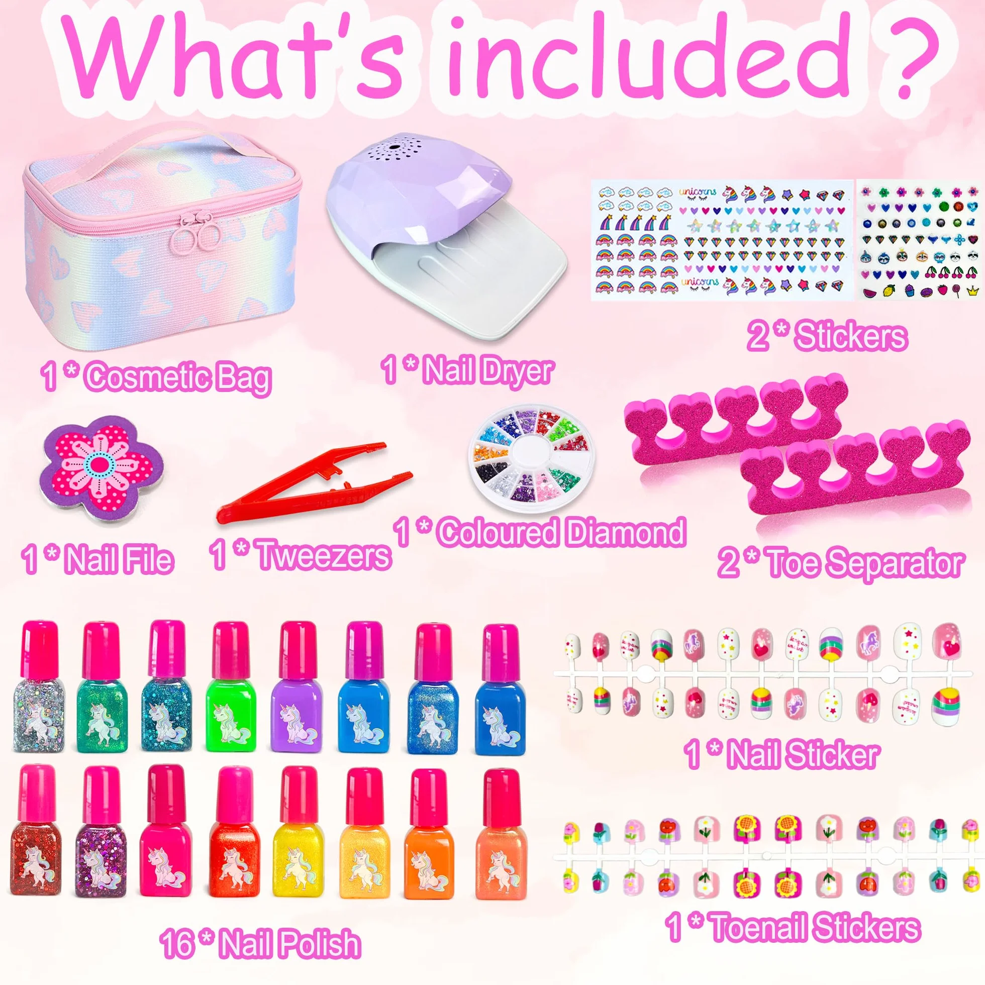 Kit Manucure Enfant Fille Vernis à Ongles Non Toxique Pelable avec Séchoir à Ongles Trousse de Maquillage Jouet Cadeau d'anniversaire 6-11 Ans