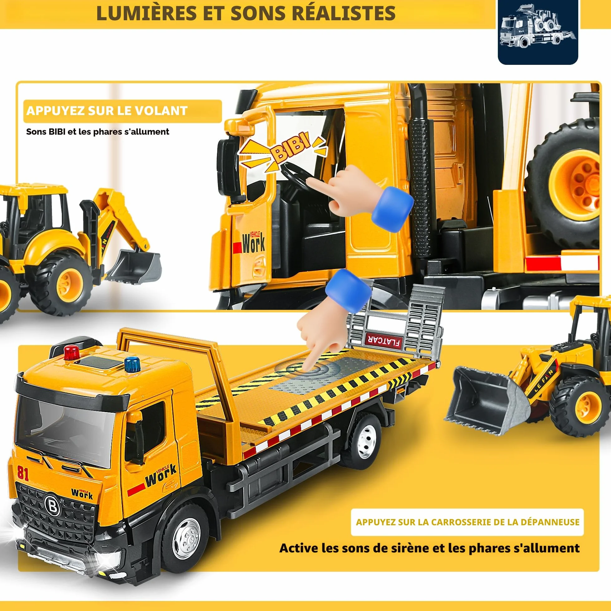 Jouet Dépanneuse à Cabine Métallique avec Lumières et Sons pour Garçons 3-7 Ans