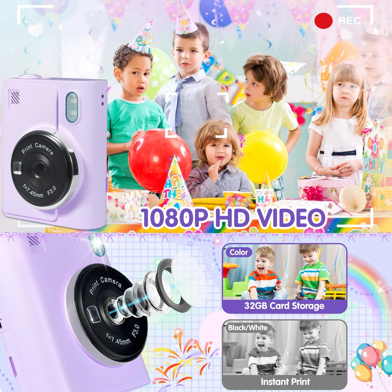 Appareil Photo Instantané Enfant 1080P 2,4" Écran avec Carte 32GB et Papier d'impression