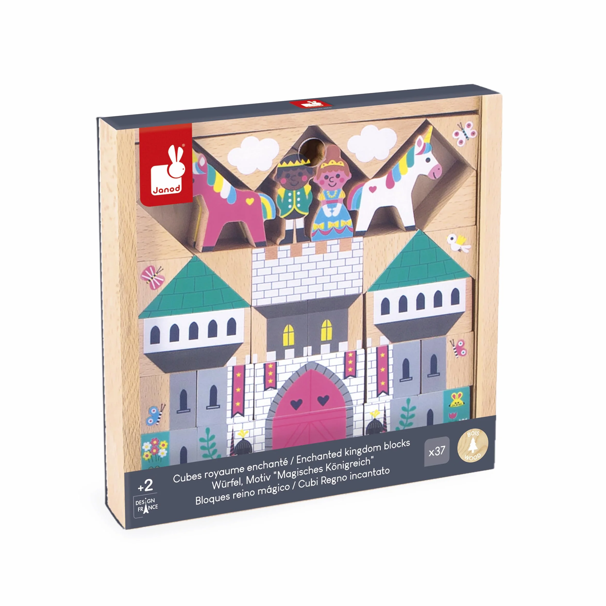 Janod Set de 35 Cubes en Bois Massif Thème Royaume Enchanté Jouet de Construction Dès 2 Ans