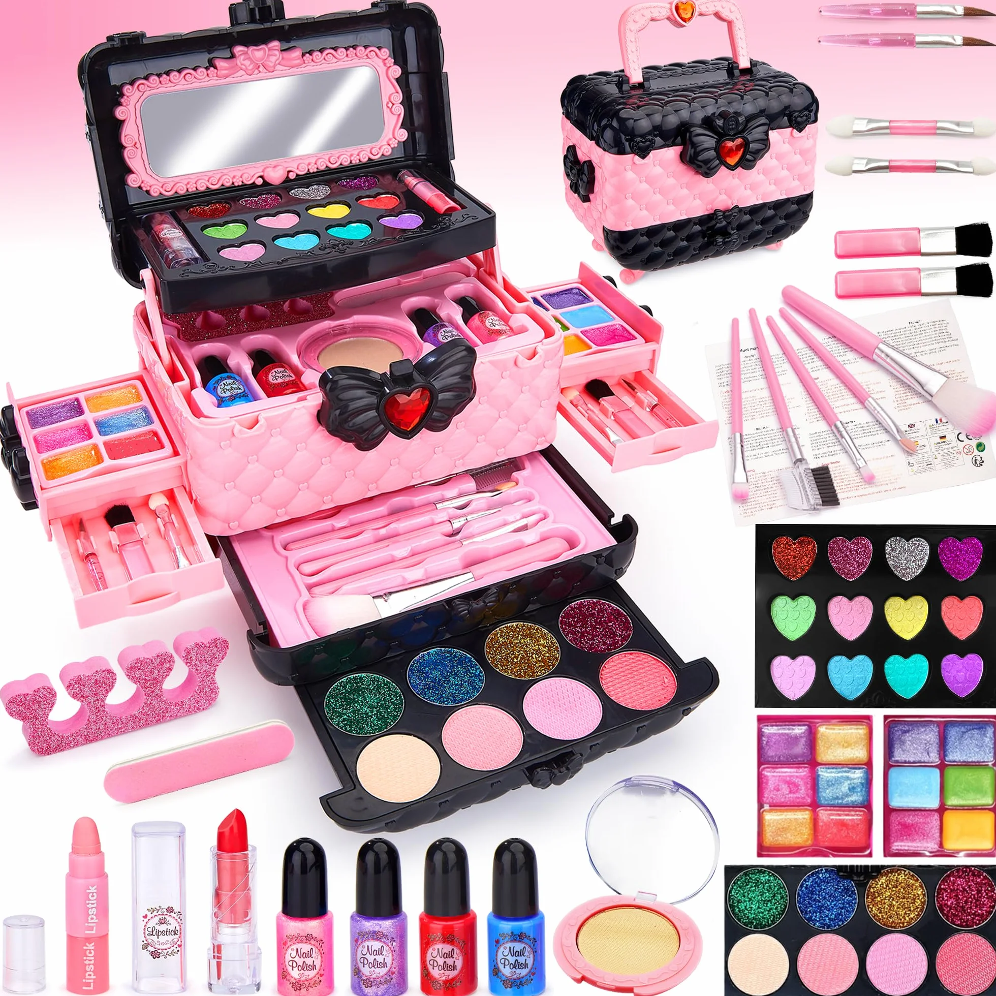 Chennyfun Maquillage Enfant Jouet Filles, 53 Pcs Lavable Malette Maquillage, Valise Beauté pour Enfant, Cadeau Anniversaire Fille 3-7 Ans