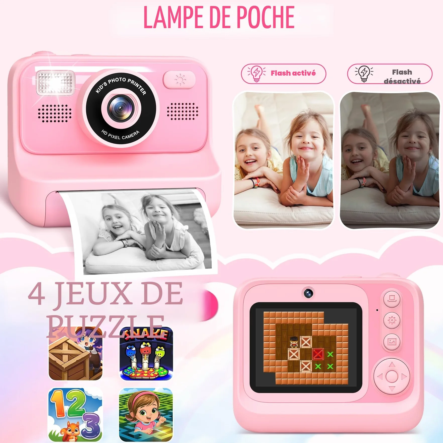 Appareil Photo Instantané Enfant 2.4 Écran Numérique avec Mode Selfie 32GB Papier d'impression Cadeau Jouet Garçons Filles 3-12 Ans Rose