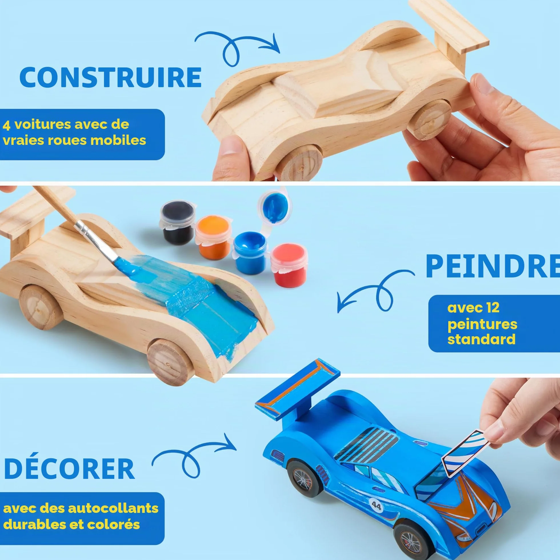 Klever Kits Kit de peinture pour voitures de course en bois, activités artistiques enfants 6-12 ans