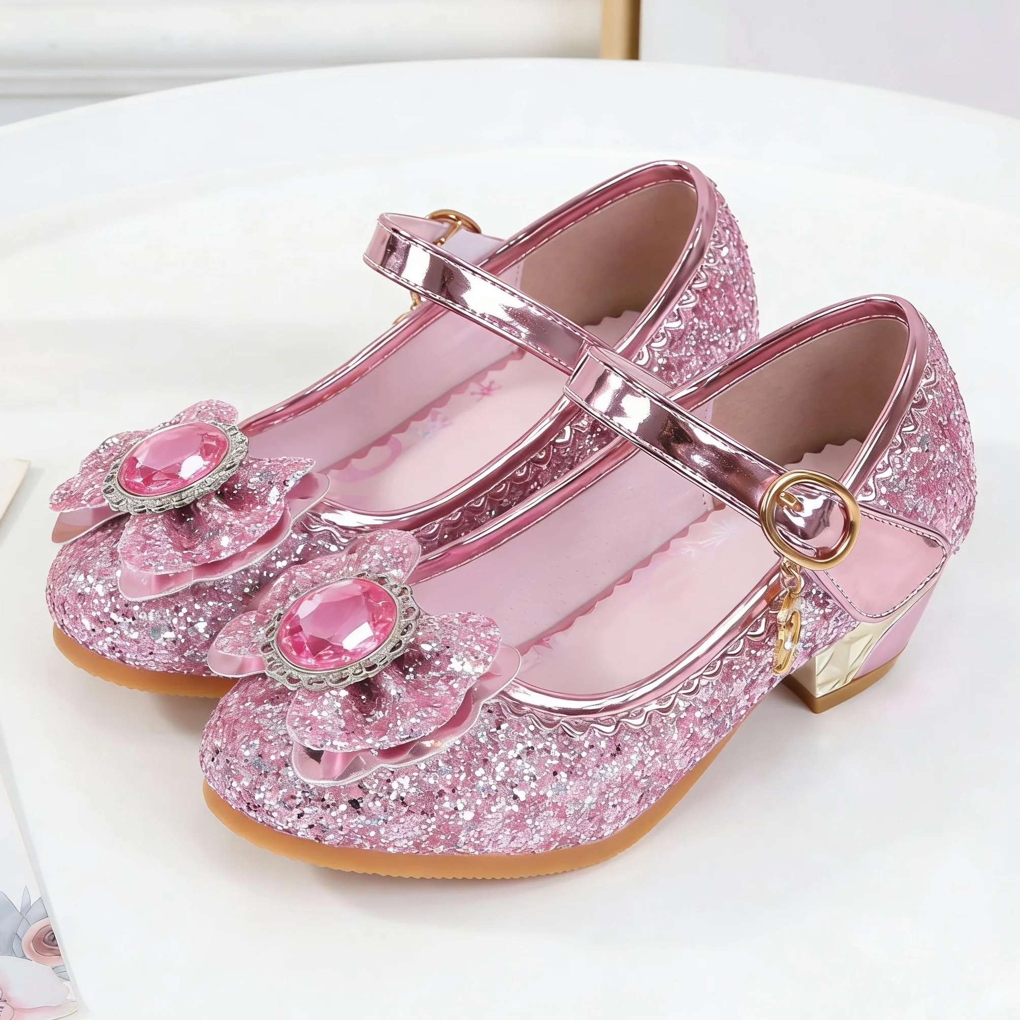Chaussures Princesse Filles Paillettes Antidérapantes Talons Hauts Danse Fête Anniversaire Mariage 3-14 Ans Rose 24 EU